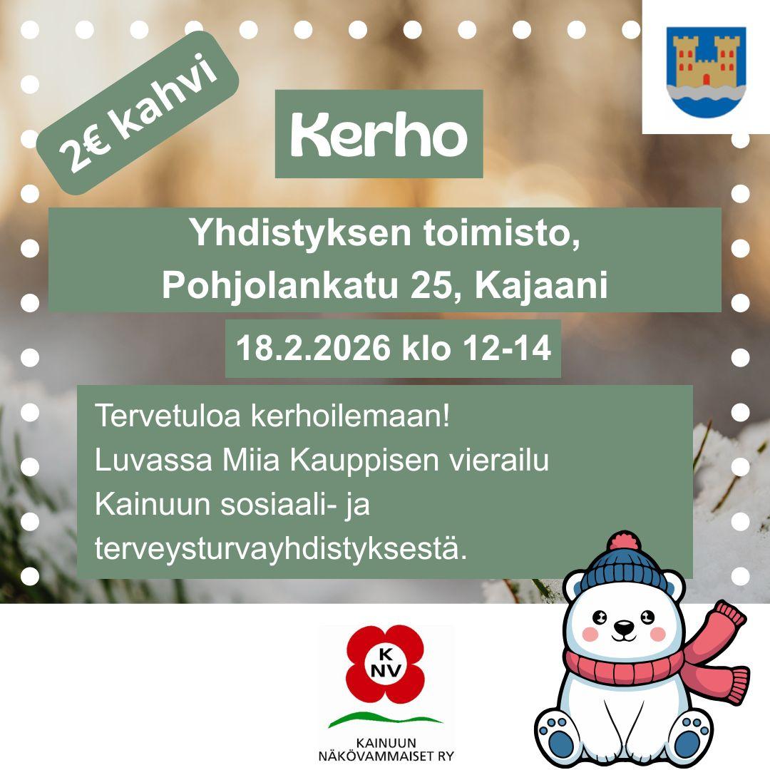 Taustalla lumisia havuja sekä aamuinen auringon nousu. Kehyksenä valkoisia palloja. Keskellä vihreällä pohjalla sama teksti kuin kuvateksti sekä alhaalla Kainuun Näkövammaiset ry:n logo. Oikealla yläkulmassa Kajaanin vaakuna. Oikeassa alakulmassa istuva jääkarhu.